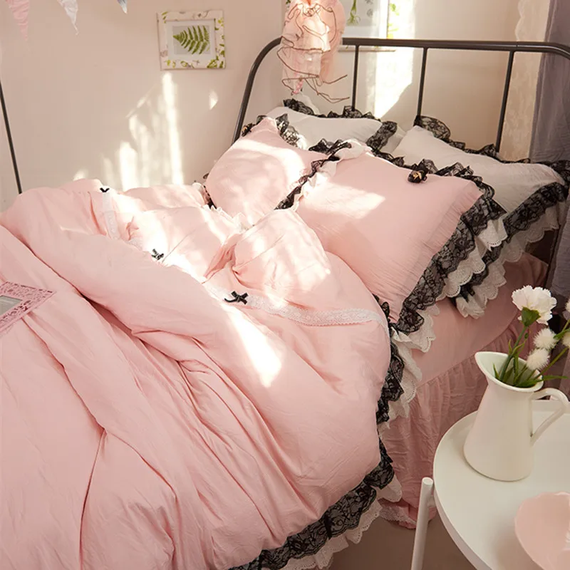 cheap Free shipping Korean Princess lace bow washed cotton bedding 3 4pcs twin full queen king size ruffles solid color bed skirt set