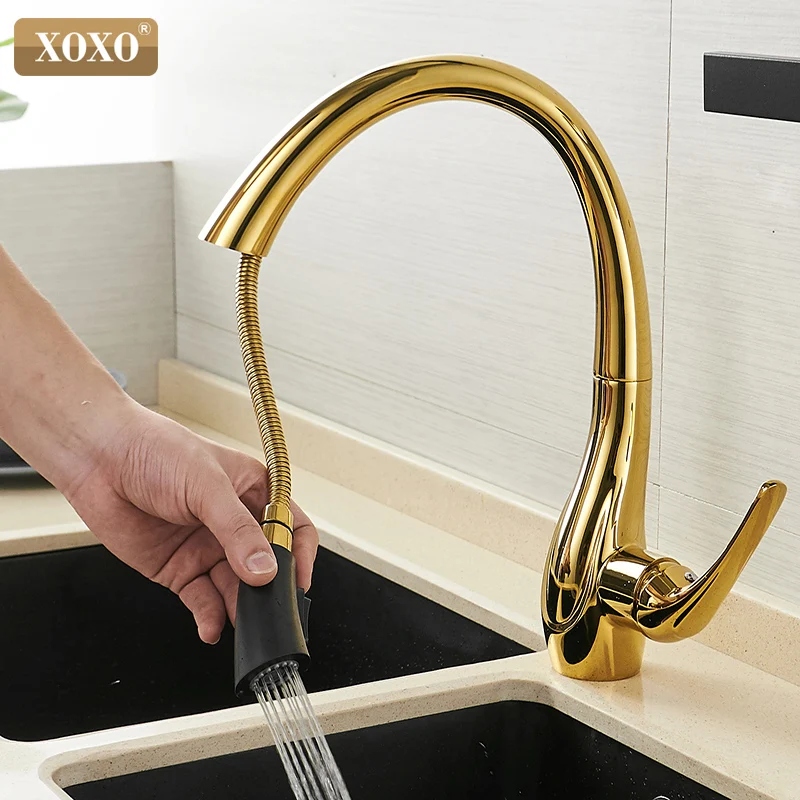  XOXO Kitchen Faucet Pull Out Cold and hot Golden Kitchen Tap Single Handle 360 Degree Water Mixer T - 32951355103