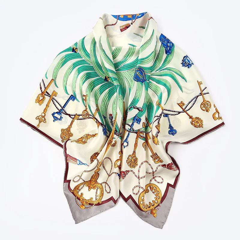 Sep Keys Print 100 Silk Scarf 90*90cm Luxury Large Square Silk Scarf Shawl Foulard Hand Rolled