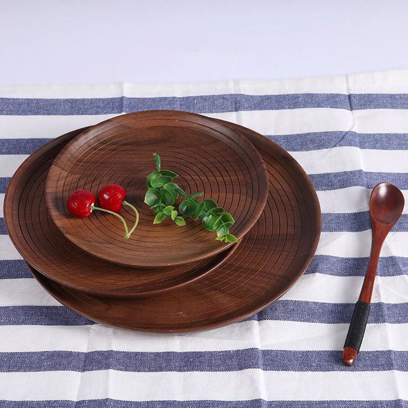 Beech Black Walnut Wood Round Pan Plate Fruit Dishes Saucer Tea Tray Dessert Dinner Bread Wood Plates