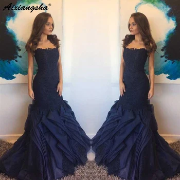 

Navy Blue Evening Dress 2019 Mermaid Ruffle Orangza Strapless Prom Dress Boat Neck Sleeveless Zipper Back Evening Gown