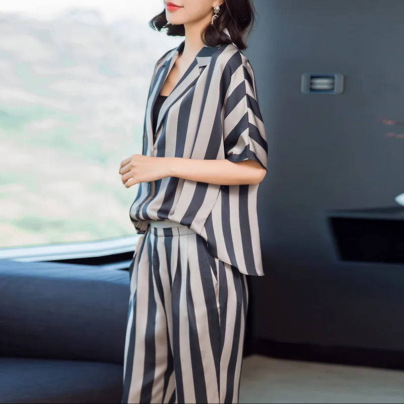 

LANMREM 2019 Summer New Casual Fashion Temperament Women Loose Plus Short-sleeved Shirt Pencil Trousers Striped Suit TC631