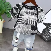 Комплекты детской одежды для маленьких мальчиков коллекция года, летняя модная детская футболка для малышей джинсовые шорты, одежда для 2, 3, 4, 5, 6 лет