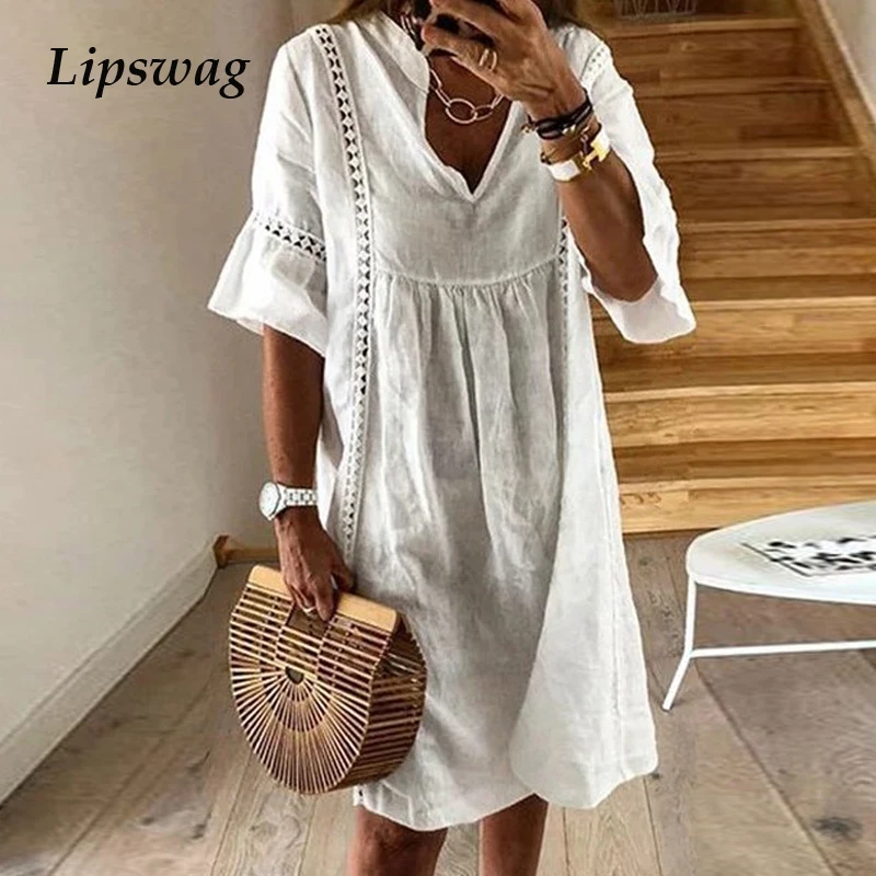 

Lipswag 2XL Sexy Hollow Out V-neck Sundress Women Casual Half Sleeve Party Mini Dress Summer Patchwork Beach Dresses Vestidos