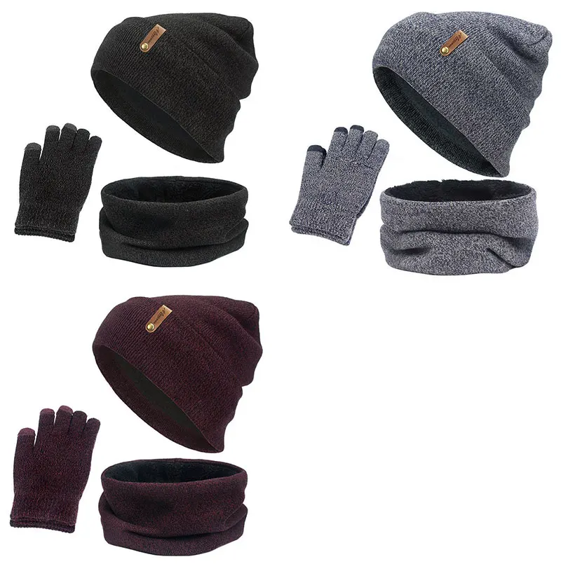 Unisex Beanies Hat Ring Scarf Gloves Set Winter Knitted Thick Warm Cap Women Men Solid Retro Beanie Hat Soft Touch Screen Gloves