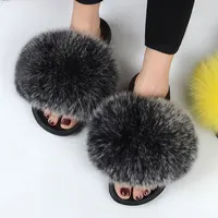 Women Summer Casual Fluffy Slippers With Fur Flat Non-Slip Real Fox Fur Furry Slides Large Size Shoes Fur Sandals - Image 3