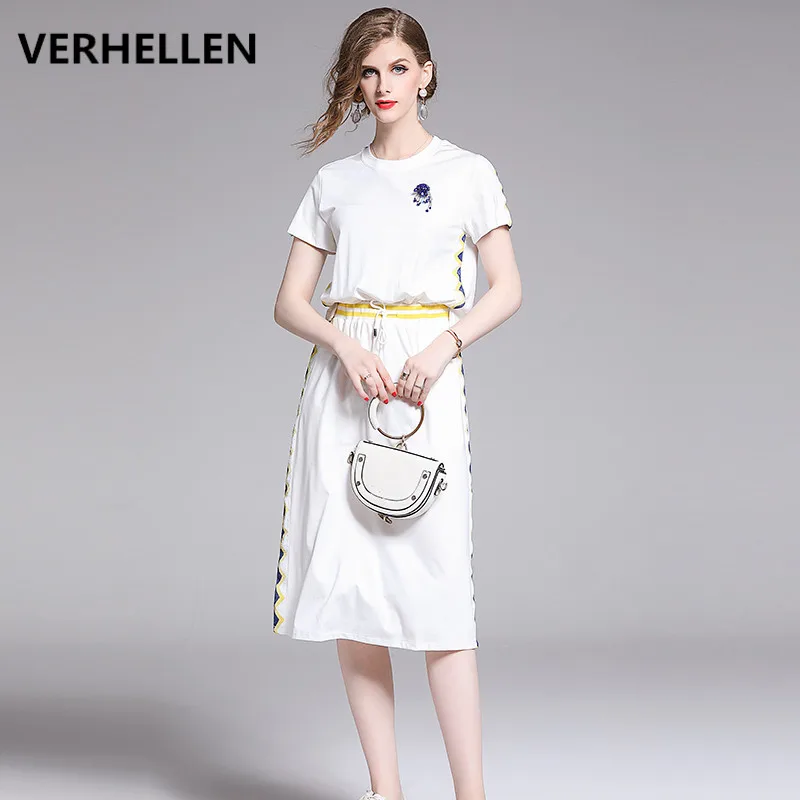 

VERHELLEN High Quality Luxury Designer Runway Dress 2019 Summer Women's Short Sleeve Lace-up Beading Elegant Casual Dress