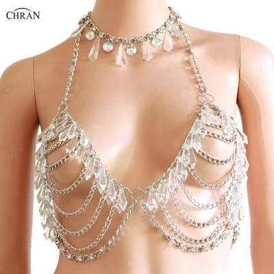 Crystal Beading Disco Exotic Tanks Crop Top Chain Sexy Mini Skirt Bodysuits Rave Bra Festival Fashion Wear Party Jewelry CRS621 bodysuit top