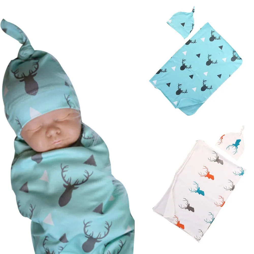 

2pcs/set Baby Blankets with Hat Newborn Baby Soft Warm Deer Printed Blue Swaddle Wrap Sleeping Blanket Infant Bathing Towel