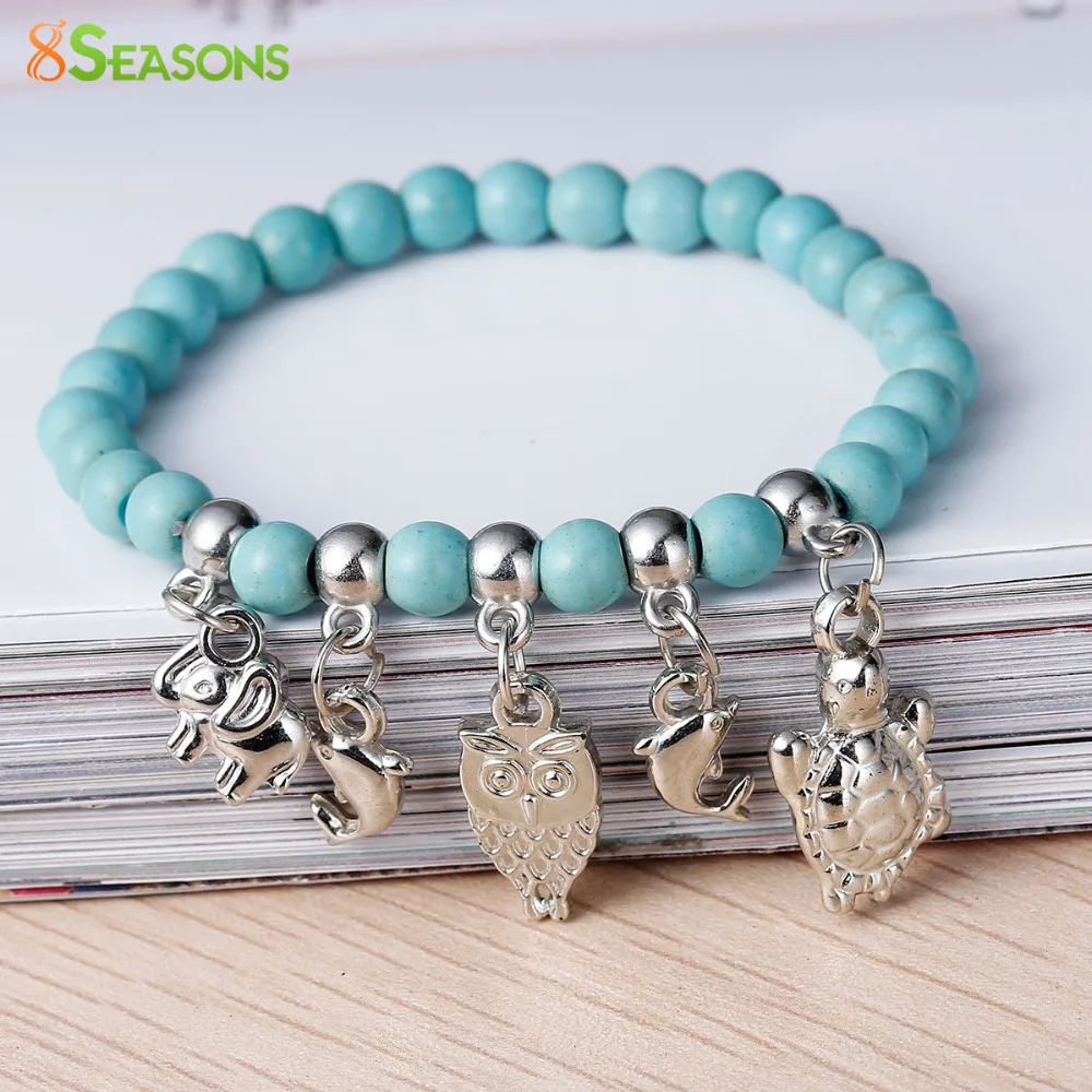 

8SEASONS Howlite Created Stone Bohemia Bracelets Silver Tone Color Malachite Green Owl Elephant Turtle Dolphin 19.2cm