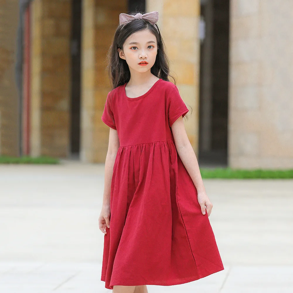 

Teenage Kids Dresses for Girls Clothes Red Cotton Linen Short Sleeve Princess Dress Children Dress Summer Kids Outfits 12 Year