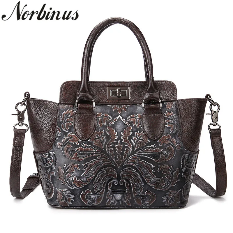 

Norbinus Women Genuine Leather Handbag Luxury Embossed Flower Shoulder Bag Messenger Crossbody Bags Natural Cow Skin Female Tote