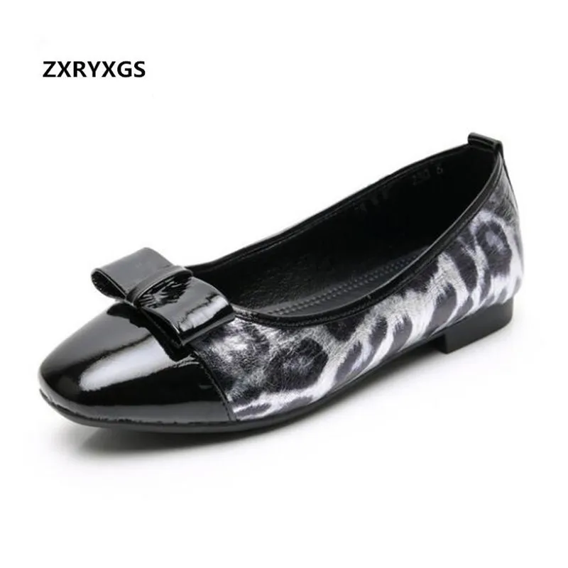 

2019 New Autumn Bow Printing Genuine Leather Shoes Flat Shoes Fashion Trend Shallow Women Shoes Leisure Comfortable Women Flats