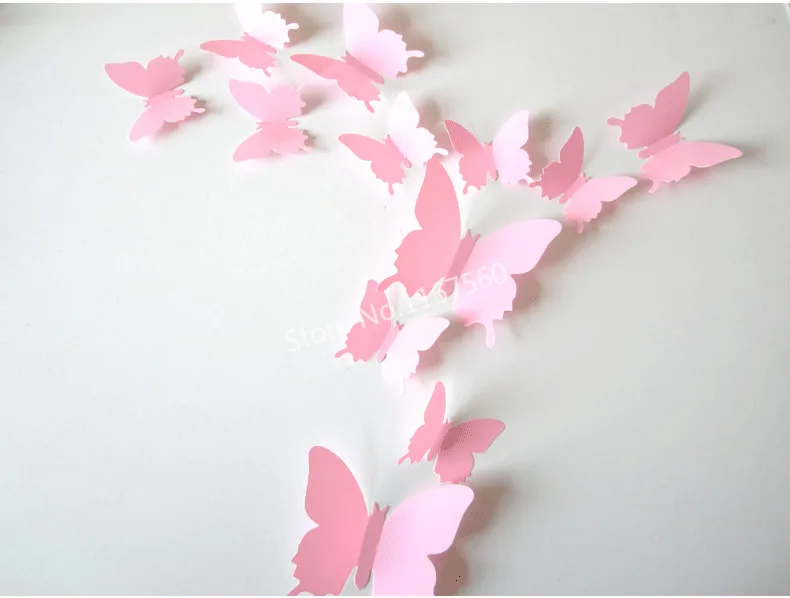 

9 Colors 12pcs/ lot PVC 3D Butterfly Home Decor Solid Color Small Europe Cute Wall Stickers Decoration Butterflies Decals Pink