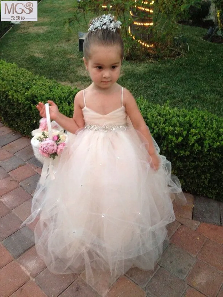 New Arrival 2016 MGS Ball Gown Spaghetti Strap Floor-Length Beaded Big Bow at the Back Tulle Flower Girl Dresses | Свадьбы и