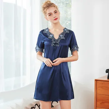 

Roseheart Women Fashion Blue Sexy Female Sleepwear Sleepwear Faux Silk Lace Embroidery V Neck Nightwear Sleepshirts Nightgown