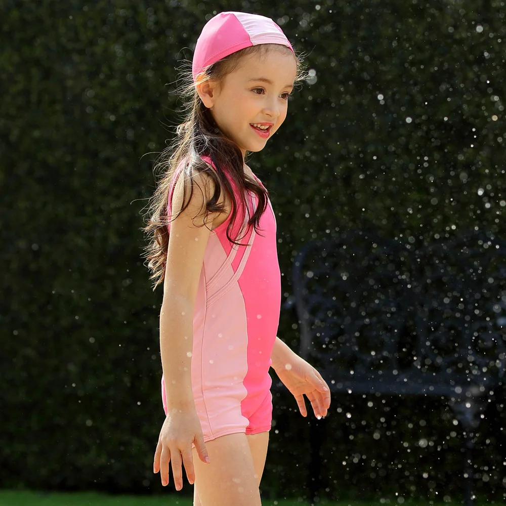 

Girls Pink Swimsuit UPF 50+ UV One Piece Swimwear with Cap Boys Child Swimming Suit Rash Guard Beach Shirt 5-10 Years