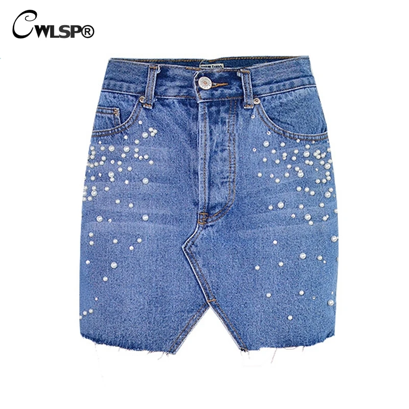 

CWLSP Summer Denim Skirts with Pearl Asymmetry Skirts for Women Beading High Waist Vintage Bodycon faldas mujer moda 2018 QL3900