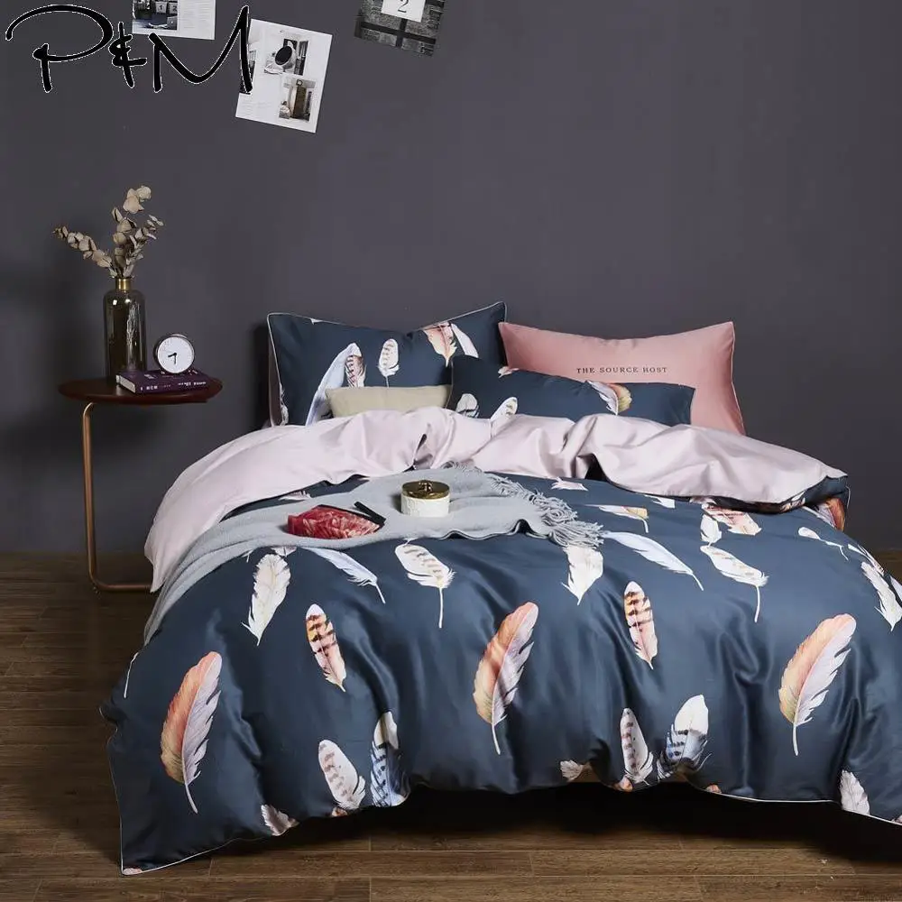 

2019 Fashion Dark Grey Feathers Duvet Cover Set Queen King Size Bedlinens Flat Sheet Egyptian Cotton Bedding Set