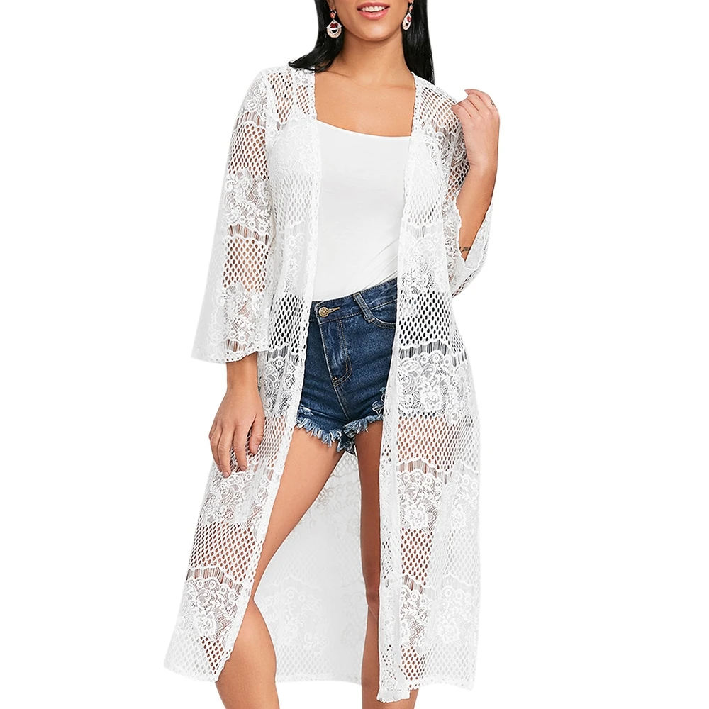 Women Blouses White Lace Sexy See Through Longline Kimono 3/4 Sleeve