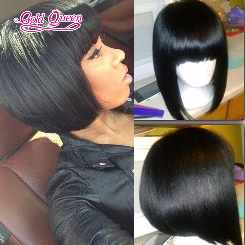 

Fast Ship 150% short bob straight full lace wigs for black women human hair wig full bangs 10inch bleached knots with baby hair