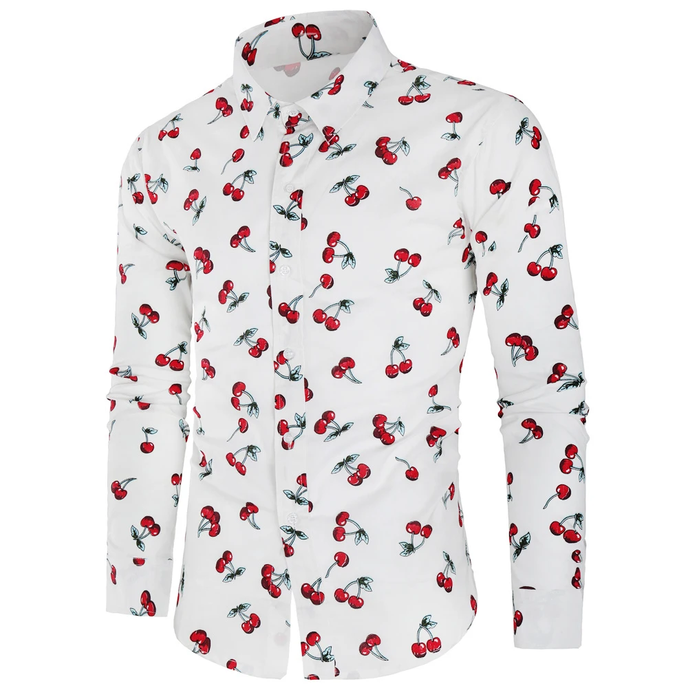

Fashion New Cotton Quality Long Sleeved Shirt Slim Men's Cherry Print Shirt