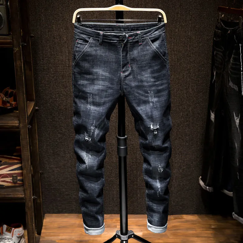 Men's Loose Straight Barrel Elastic Trend in Spring 2019 Puncture Patch Jeans Men's MP347