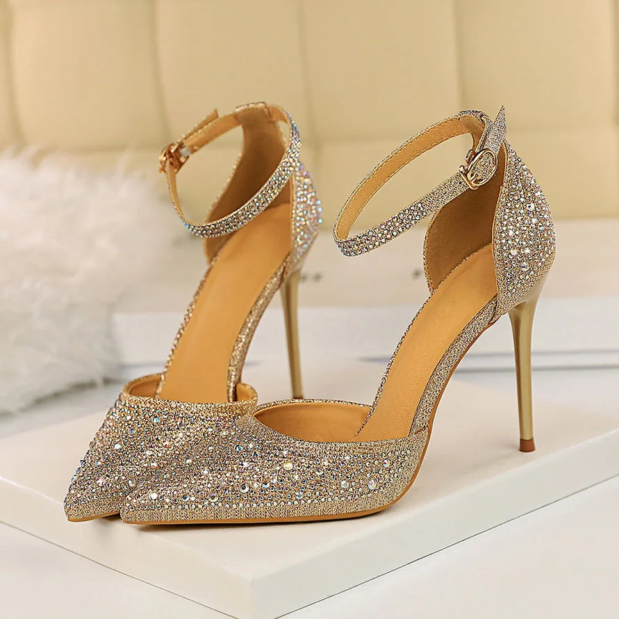 Г.; пикантные женские босоножки на высоком каблуке 10 см; размер 40; свадебные блестящие туфли на каблуке-шпильке; туфли-лодочки золотистого цвета со стразами