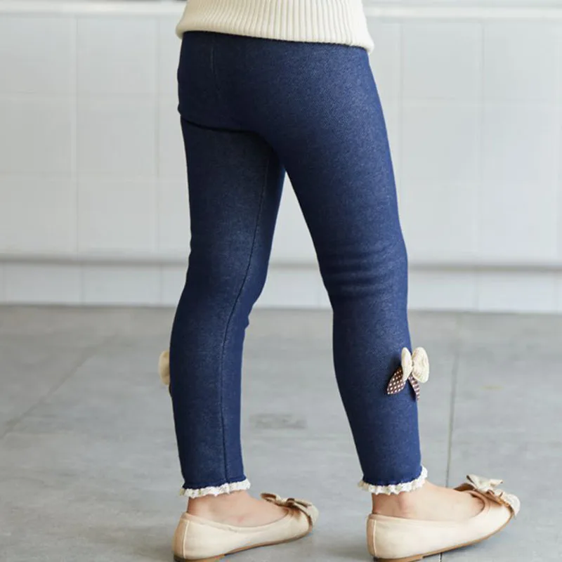 Высококачественные плотные теплые джинсы на зиму и весну, штаны с бантом для девочек, детские штаны