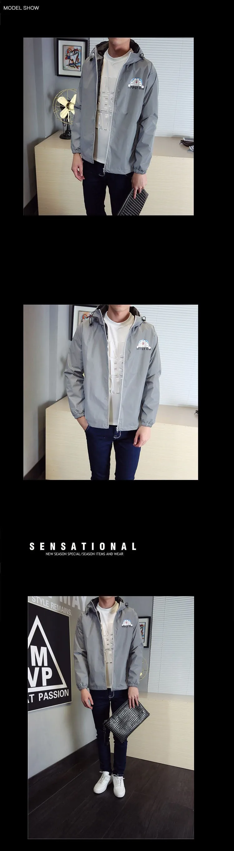 Men jacket casual windbreaker 3m reflective jacket lovers sport coat fluorescent clothing hooded cartoon doraemon printed coat (1)