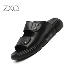 Летние мужские тапочки из натуральной кожи; брендовые кожаные тапочки для мужчин; черные кожаные мужские туфли; большие размеры; пляжные Тапочки