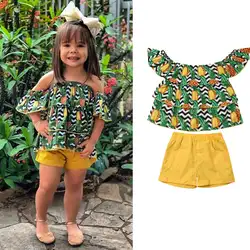 Комплекты одежды с принтом ананаса для маленьких девочек, топы с короткими рукавами и открытыми плечами, футболки, повседневные шорты