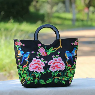 جديد الزهور المطرزة أكياس التسوق! كل مباراة خمر التطريز المرأة الأعلى مقبض حقائب الأعلى سيدة حقيبة تسوق الأزياء أكياس