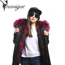 YOUMIGUE Winter Jacket Women Army Green Parka Coats Real Large Raccoon Fur Collar Fox Fur Lining Hooded Outwear Free DHL UPS