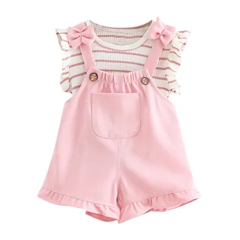 

2019 New Cute Infant Kid Baby Girl Striped Sleeveless pocket Pink Shirt+Suspenders Shorts Outfits Set Flower Costume For Girl