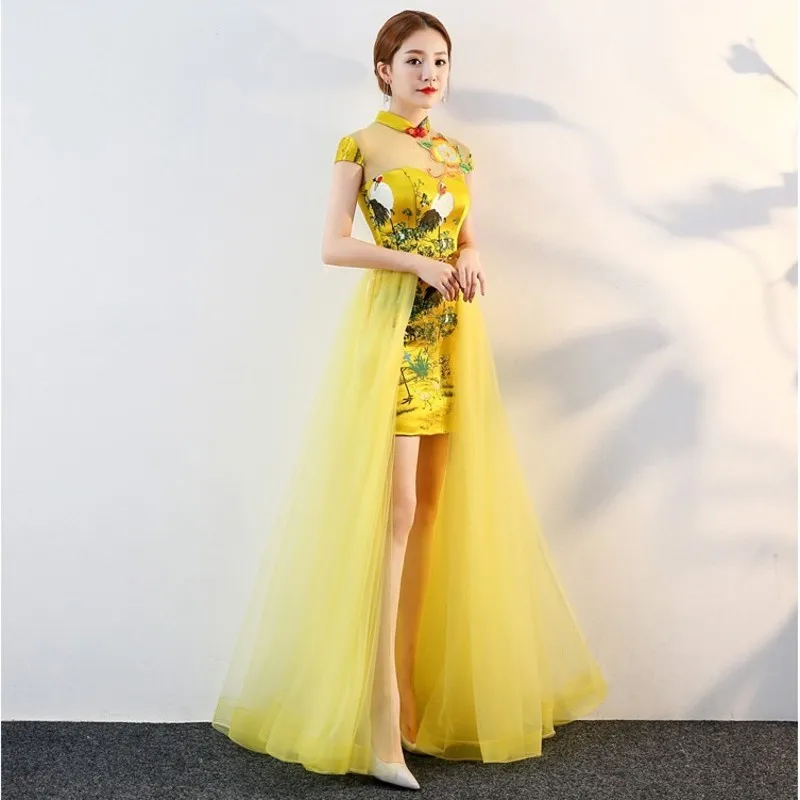 Желтый Cheongsam Длинные Qipao вечернее платье Китайский Oriental Платья для женщин свадьба тюль Вышивка традиционное платье халат orientale