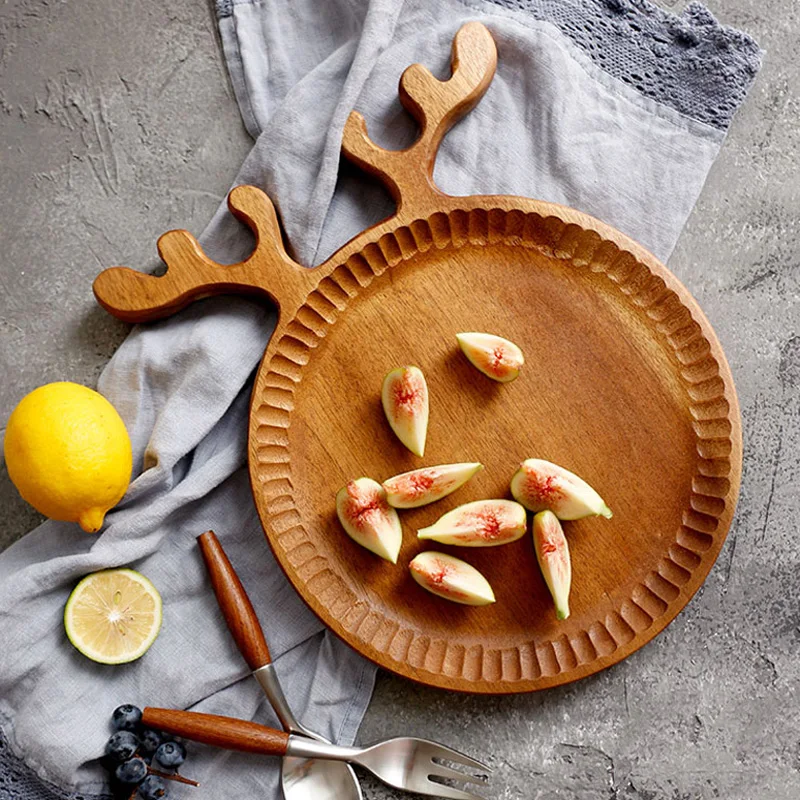 Rustic Wooden Plates Creative Cute Deer Wooden Fruit Dessert Severing Tray Dishes Tableware Plate Wood Utensils Christmas DÃ©cor Gift (3-1)