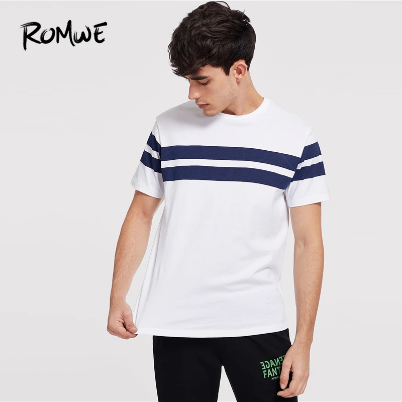 

ROMWE Men Striped Tunic Tee 2019 White New Design Streetwear Round Neck T Shirts Fashion Male Summer Short Sleeve T-shirt