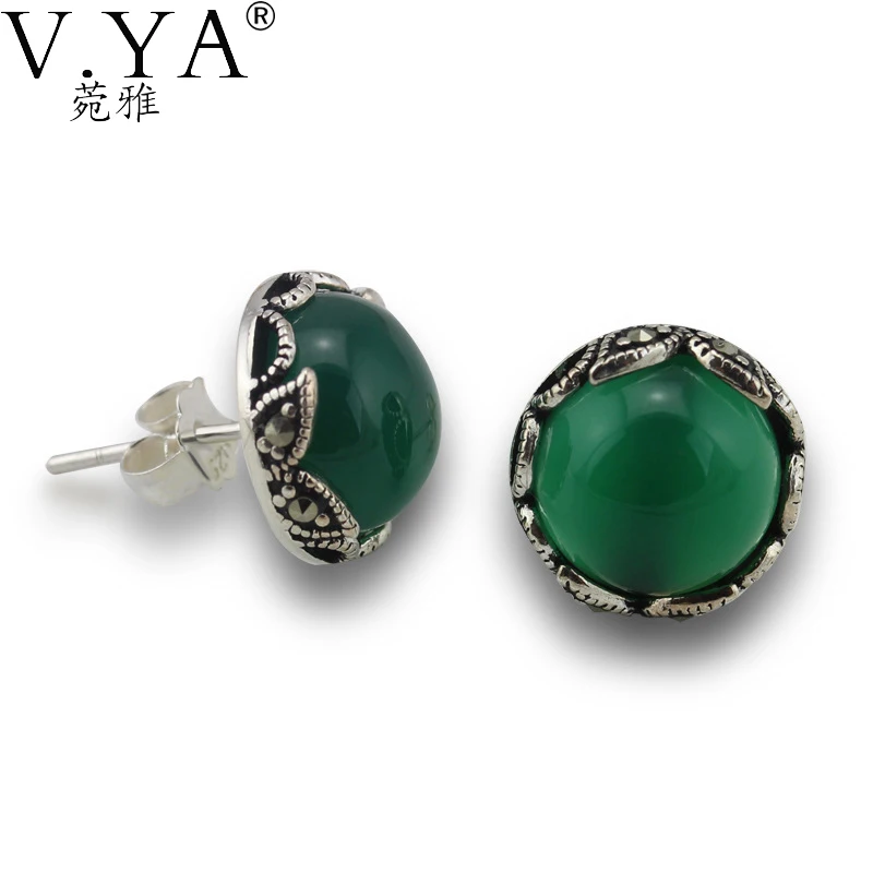 

100% Real 925 Sterling Silver Earrings for Women High Quality Vintage Thai Silver Green Stone S925 Solid Silver Earring CE183
