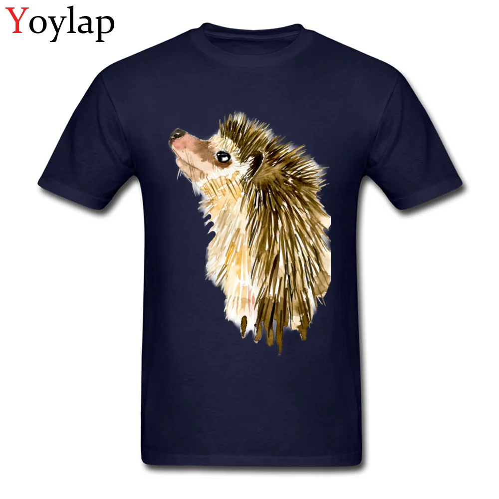 Adult T Shirt Crazy Normal Short Sleeve Summer Fall Tops T Shirt Plain Round Collar 100% Cotton Tee-Shirt Watercolor Little Hedgehog navy