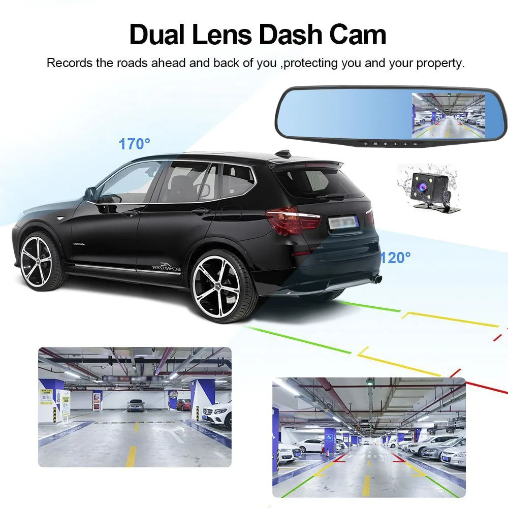 Car Dash Cam HGDO 4.3''Car DVR Dual Lens Camera Full HD 1080P Video Recorder Rearview Mirror Rear View Dash cam
