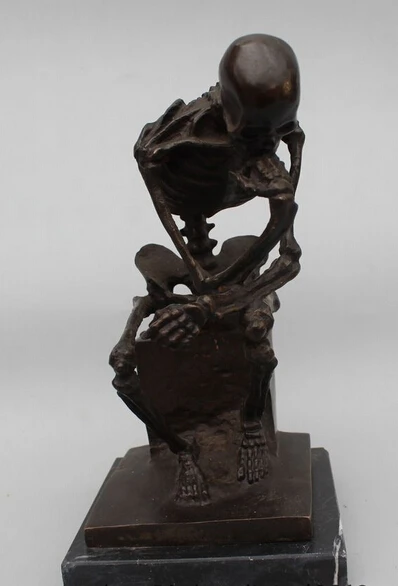 

006905 9"Art Decor Pure Copper Bronze Marble Base Figurine Skull Thinker Statue Sculptu