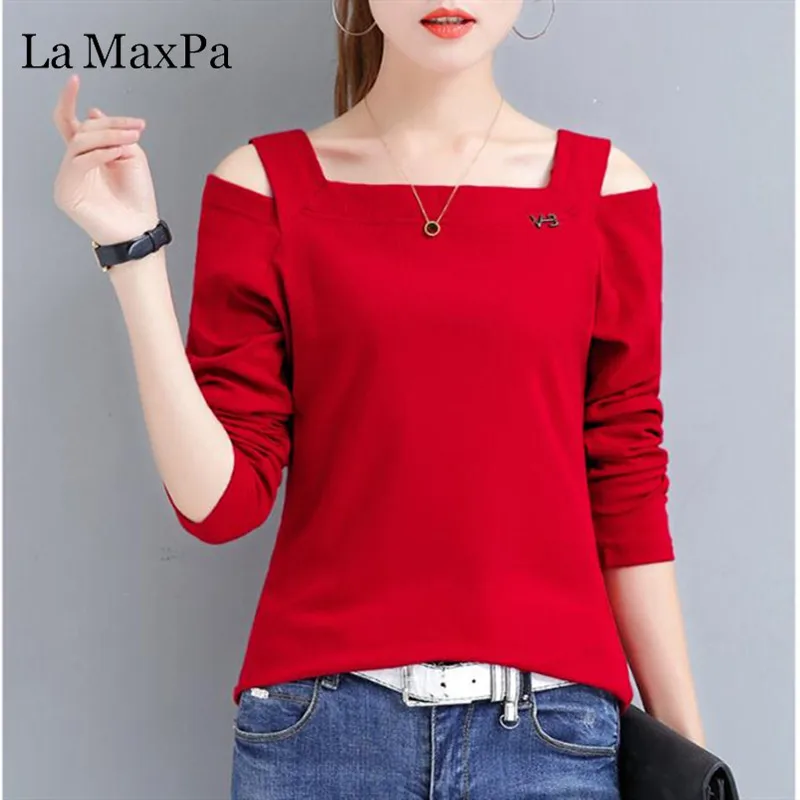 

La MaxPa Long Sleeve Loose Blouse 2019 New Spring Fashion Blouse Women Open Shoulder Tops 3XL Plus Size Poleras Mujer