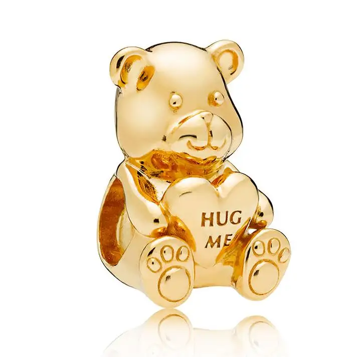 

925 Sterling Silver Bead Charm Gold Color Shine Theodore Bear Engraved Hug Me Beads Fit Pandora Bracelet & Bangle Diy Jewelry