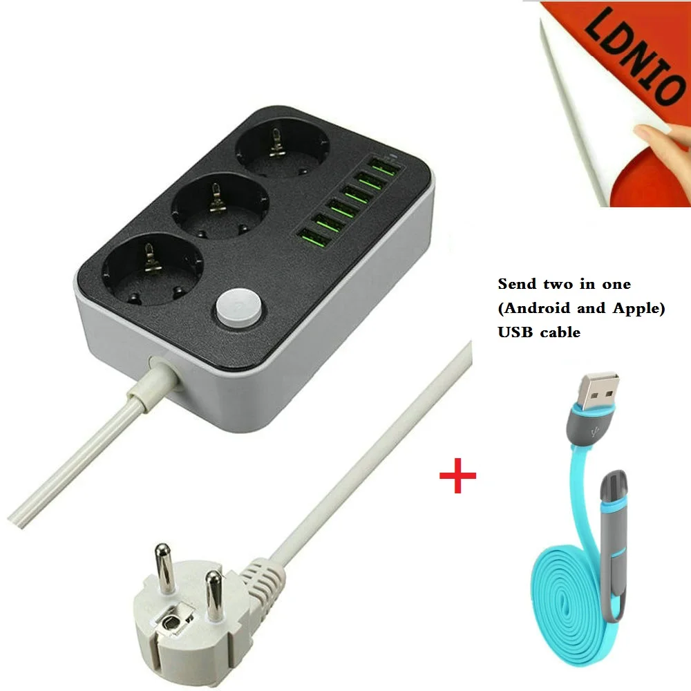 Surge Protector 3 EU Outlet Extension Power Socket 6 USB Wall Charger Adapter