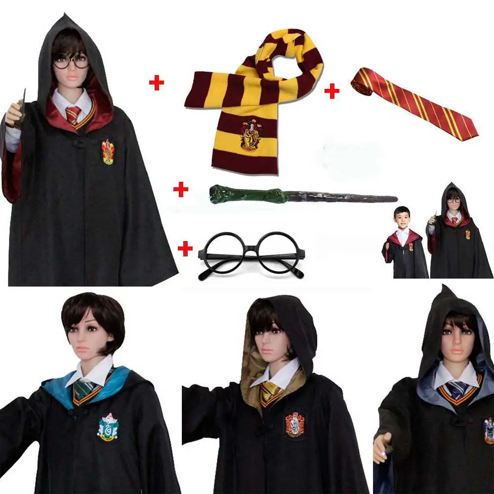 Детский костюм Слизерин для взрослых Ravenclaw Gryffindor Hufflepuff, Волшебная Одежда, плащ, шарф, галстук, палочка, очки, набор