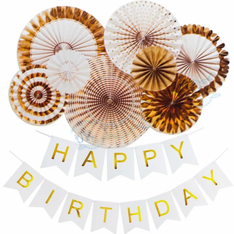 

1 sets Gold Party Ivory Gold Pinwheels Party Fans with Happy Birthday Banner flags for Boy Girl Birthday Golden Photo Backdrop