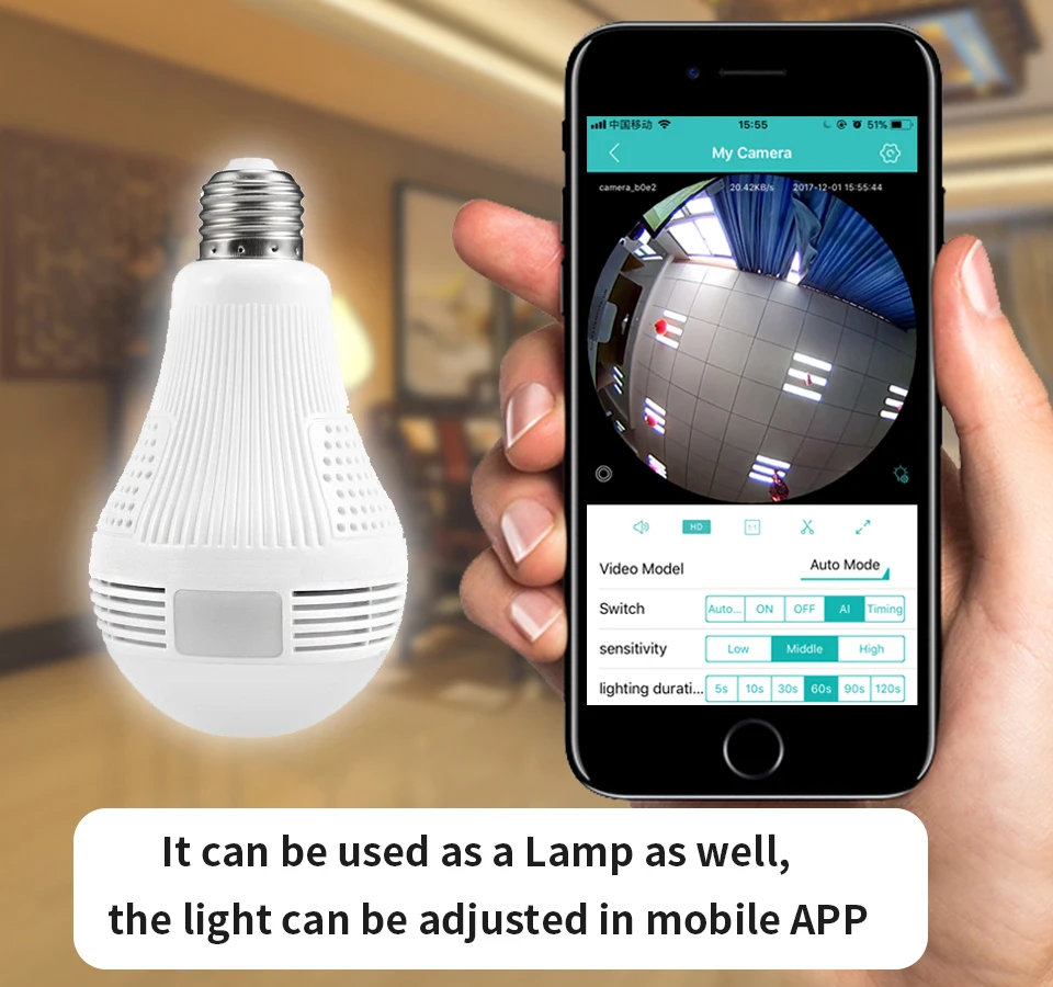  360 Degree Panorama Video Camera Wifi IP Light Bulb Surveillance Cam CCTV Motion Sensor Night Visio - 33042031414