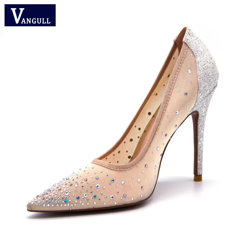

Vangull New silver bling fashion design women's high heel pumps summer see through Party Wedding stiletto shoes 11cm thin heels