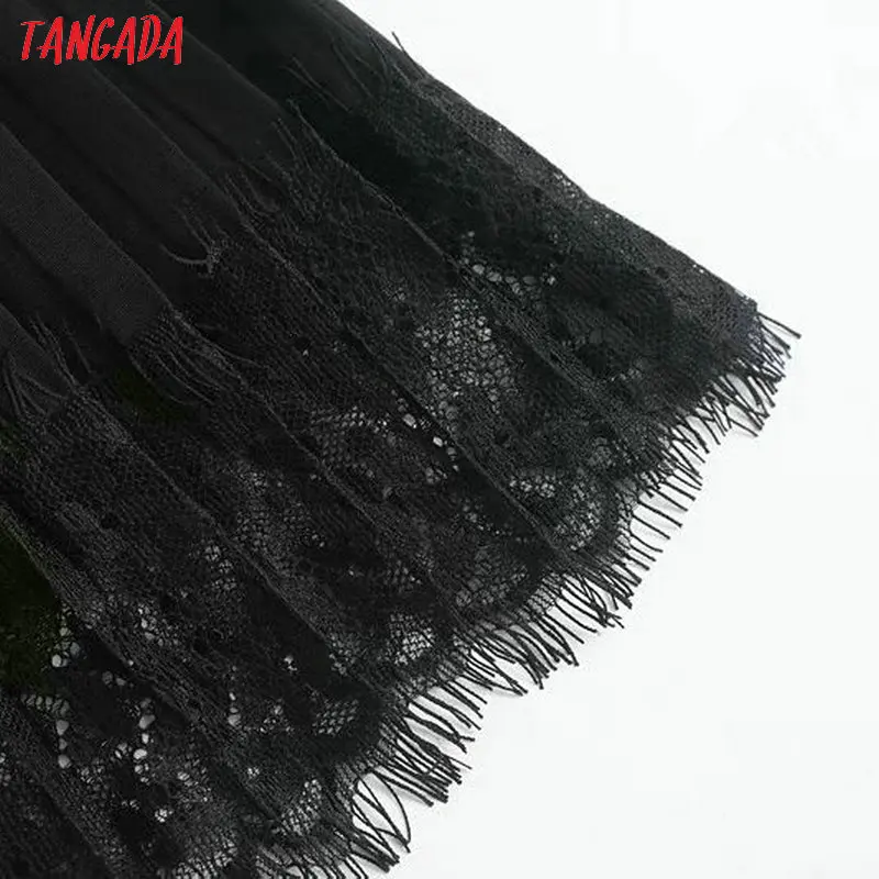 Tangada модное женское кружевное лоскутное элегантное Плиссированное Платье черное с коротким рукавом дамское короткое платье 4M17